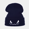 Navy blue knitted beanie with white angry face embroidery on the fold-up cuff - M (56-58cm) / Navy Blue
