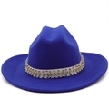 Detail of royal blue wool fedora featuring white ribbon with silver studs and rhinestones - M (56-58cm) / Sapphire Blue