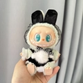 Labubu rabbit plush doll wearing a black and white plaid dress with lace trim accessory - Small Black Bunny Girl / First And Second Generation Keychains Are Compatible With La Cloth Dolls. Dolls Not Included.