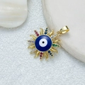 Gold sun pendant with blue evil eye and colorful zircon stones on white background - D3550JC Pendant 22