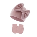 Close-up of pink cotton ribbed knit texture on baby bow hat and no-scratch mittens set - Light Taro Purple