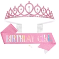 Pink Birthday Girl sash with silver rhinestone crown and golden safety pin set - Set 18 (Pink Birthday Girl)