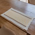 Rectangular woven table runner with yellow diamond embroidery and brown stripes with tassels - Yellow Grid Hemp