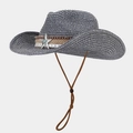 Detail of blue and white woven straw hat with brown leather band and silver star - Dark Blue