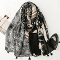 Fashion leopard floral print scarf with fringe trim on a minimalist aesthetic background - Black & White Leopard & Stripe Patchwork (SL2408-008)