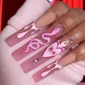 Matte pink long square press-on nails with snake and flame patterns and rhinestones - 24 Pcs/Box (With 1g Glue) / Matte Pink Snake Flame Design