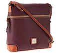 Deep red pebble leather crossbody bag with brown leather trim and white contrast stitching - Deep purple