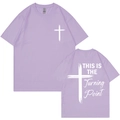 Purple cotton T-shirt featuring white cross print and Turning Point text on both sides - Lavender