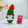 Handmade Christmas emotional support crochet pickle with red hat and card in variant green - Christmas Cucumber + Card