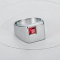 Macro view of a silver titanium steel ring with a square-cut red gemstone inlay - Size 7 / Steel Red Zircon