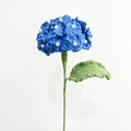 Handmade crochet blue hydrangea flower with white pearl accents and green leaves - Hydrangea Blue