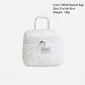 White quilted barrel makeup bag with woven handle and pearl zipper, size 21x16x16cm - Barrel Bag / White