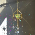 Golden geometric crystal suncatcher with rainbow heart prism and hanging crystal beads - Heart Wind Chime