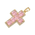 Golden hip hop cross pendant with pink square cubic zirconia stones and pave setting - Gold Pink Zirconia