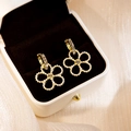 Golden flower earrings with pearls and crystals displayed in a premium jewelry box - Hollow Flower Pearl Rhinestone Pendant (E4101)