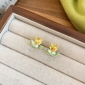 Close-up of elegant flower stud earrings featuring yellow heart and green marquise zircon stones - Heart and Leaf Gem Stud Earrings (69#) / Yellow Green