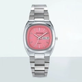 Montre à quartz carrée rose pour femme avec bracelet en acier argenté et double date - Boîtier Argenté Cadran Rose Rouge