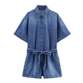 Short sleeve denim romper with lapel collar and waist tie belt in a washed blue finish - XS / Blue