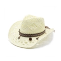 Close-up of bohemian woven band with metal charms on an ivory straw cowboy hat - Creamy White
