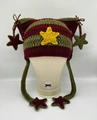 Cat ear knit beanie in red and olive stripes with star pendants on an ivory mannequin - M (56-58cm) / Green Red Four Stars