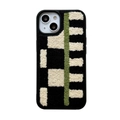 Funda de iPhone de felpa bordada con patrón de leopardo en negro, crema y oliva - Bordado de Felpa con Raya Verde de Tablero / iPhone 13 Pro Max