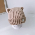 Cute beige baby knit hat with cat ears and sunflower design for newborn infants - 6 Months - 3 Years (33-52cm) / Khaki (Contrast Cat)