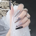 Uñas postizas largas tipo bailarina lila con purpurina y diseños florales de hojas - CBLCY-21 (Tipo Pegamento)