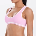 Side view of pink and white contrast sports bra with breathable brushed fabric texture - S / Top (7120) / Sakura Pink
