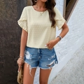 Beige puff sleeve blouse with textured polka dots and feminine ruffle cuffs design - S / Apricot