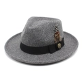 Classic dark grey wool fedora hat with black satin band and feather decorative pin - M (56-58cm) / Deep Heather Grey