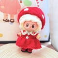 Plush red mushroom-style doll outfit with strawberry embroidery for Labubu figure - Mushroom Princess Without Shoes / First And Second Generation Keychains Are Compatible With La Cloth Dolls. Dolls Not Included.