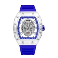 Luxury transparent tonneau watch with blue rubber strap and iced-out skull dial design - Transparent Case Blue Strap