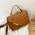 Quilted brown leather crossbody bag with golden bar detail and top handle strap - Brown