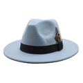 Detail view of the light blue wool felt fedora featuring a black ribbon and colorful feather - Sky Blue