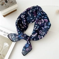 Floral cotton linen square scarf in navy blue with colorful leaf pattern print - 55cm / Blue Leaf Navy