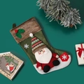 Dark green Christmas stocking with 3D Santa doll and plush brown faux fur trim - Santa Claus / Forest Green