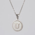 Silver stainless steel necklace with round white shell pendant featuring letter U - Silver White Shell Letter U