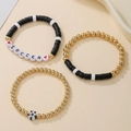 Set of 3 soccer themed beaded bracelets with gold accents and soccer letter beads - Soccer Theme - Black/White/Gold