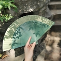 Classic green bamboo folding fan with elegant leaf pattern and hollow wooden handle - Green (42 Sided Narrow Edge)