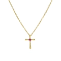 18k gold plated brass cross necklace featuring four red birthstones on a delicate chain - July-Ruby