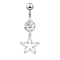 Silver stainless steel belly ring featuring a clear star pendant and round cubic zirconia - Pentagram Style JE0172F