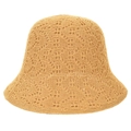 Women's hollow knit bucket hat in ginger yellow with breathable geometric crochet pattern - Khaki