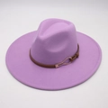 Detail of lilac wide brim felt hat featuring a brown leather band and gold metal buckle - Taro Purple (Heart Buckle)