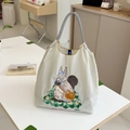 Detailed embroidery of a squirrel on a cream nylon shoulder bag with checkered handles - Light Grey Backpack Squirrel