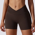 Short de yoga taille en V marron café pour femme en tissu côtelé sans couture élastique - S / Brun Foncé