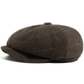 Braune Schiebermütze mit Fischgrätmuster und blauem Karo für Damen und Herren - Verstellbar / Khaki