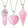 Dreiteiliges Rosenquarz-Halsketten-Set mit Sechskantprisma und Herz-Kristall-Anhängern - Rosenquarz