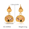 Detail view of gold stainless steel heart earrings with colorful gems and measurements - Vintage Geometric Zirconia Style (HC-E10953)