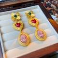 Vintage gold earrings with green clover, red heart gems, and pink cameo portrait charms - Gold Heart Oval (20# Silver Pin)
