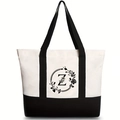 Canvas tote bag in black and white with a letter Z and floral wreath printed design - Willow Floral Letter Z / 46*12*31CM